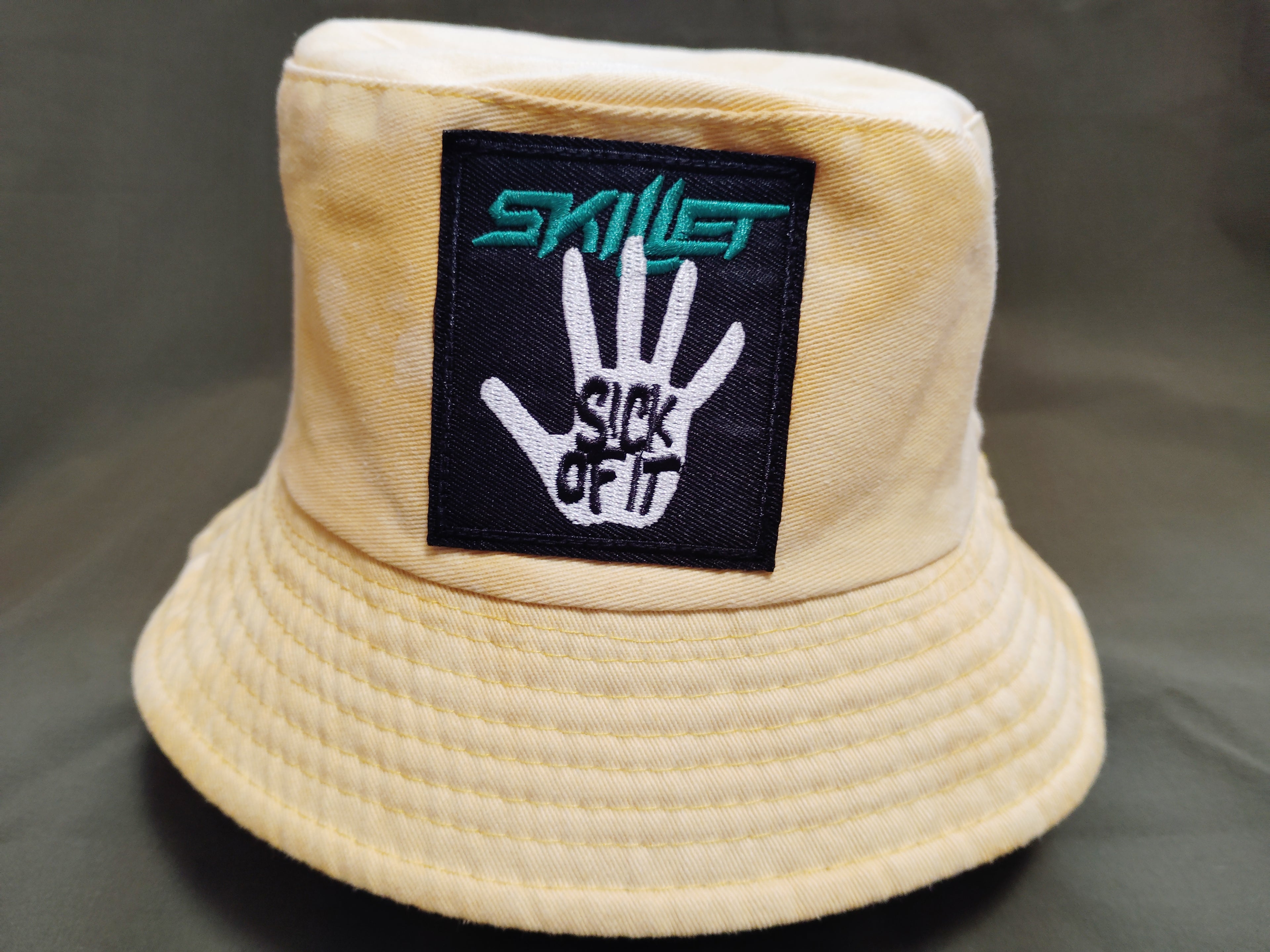 "Sick of it" Skillet (Yellow) Bleached Dyed - Bucket Hat (Adult) Large