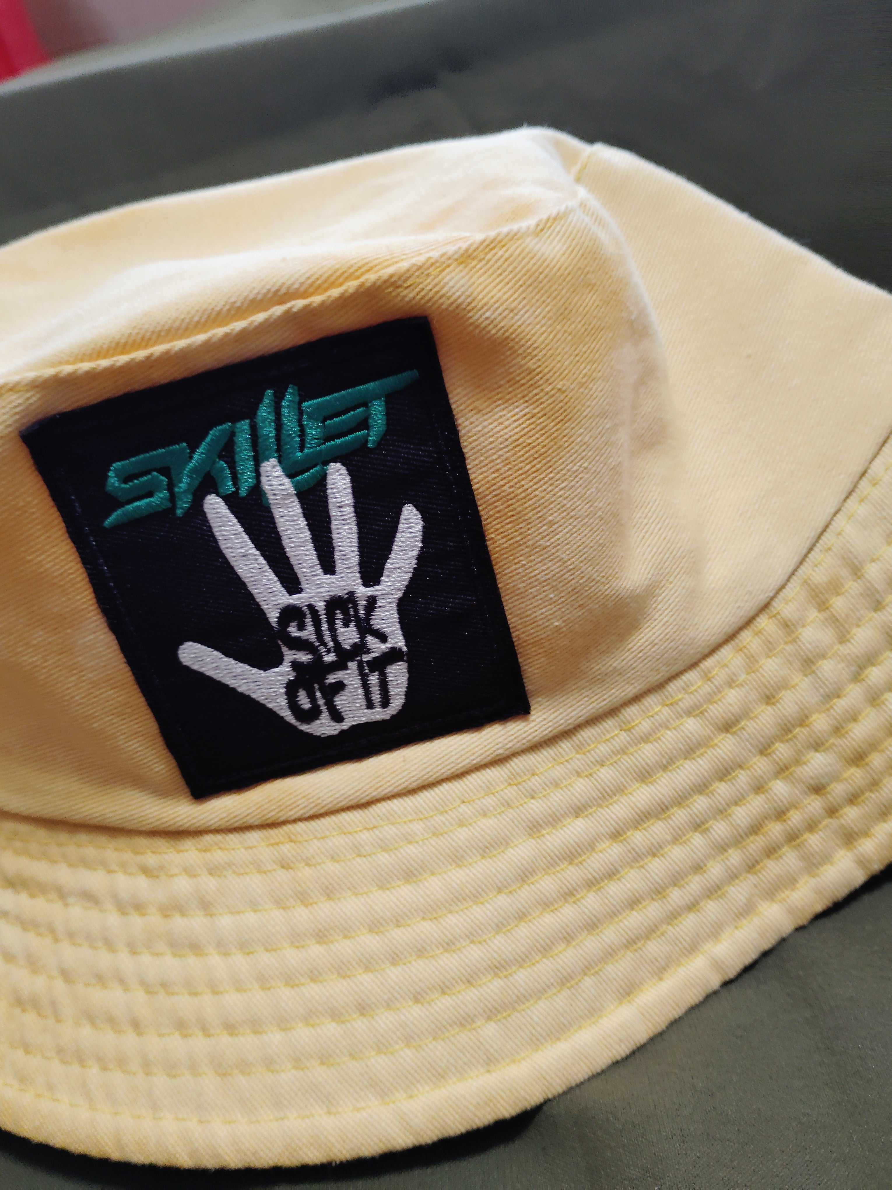 "Sick of it" Skillet (Yellow) Bleached Dyed - Bucket Hat (Adult) Large