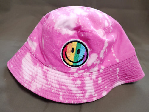 (Hot Pink)Smiley Face - Bleached Dyed - Bucket Hat (Adult) Large